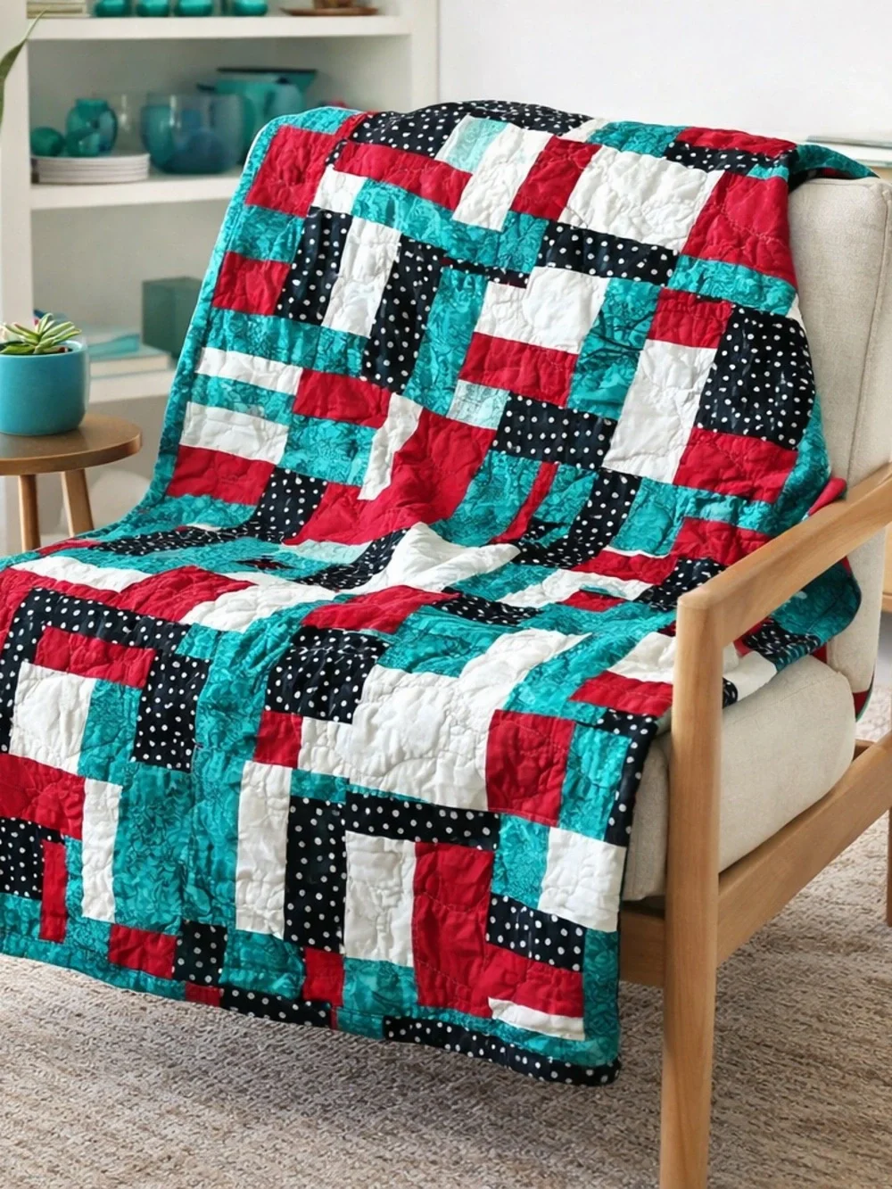 Handmade Geometric Patchwork Quilt - Red, Teal, White, Black Polka Dot 38”x38”
